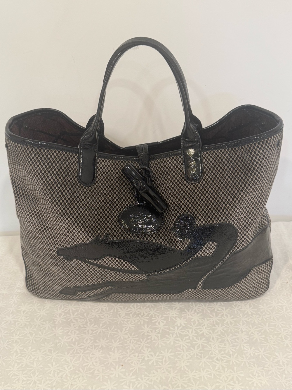 Longchamp Special Edition Velvet Patent Leather Horse Rider Logo Tote Bag Rare
